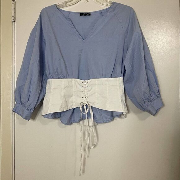 1.STATE blue pinstripe corset cinched long sleeve blouse top size Medium - Picture 5 of 7
